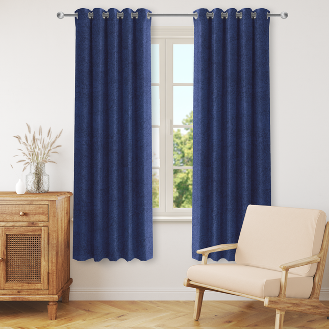 Dark Blue Colour Textured Velvet Flock Readymade Curtain