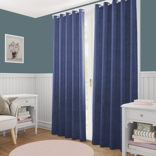 Dark Blue Colour Textured Velvet Flock Readymade Curtain