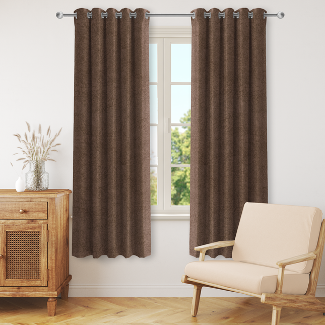 Medium Brown Colour Textured Velvet Flock Readymade Curtain
