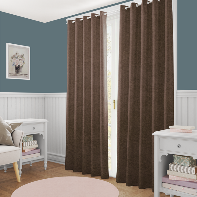 Medium Brown Colour Textured Velvet Flock Readymade Curtain