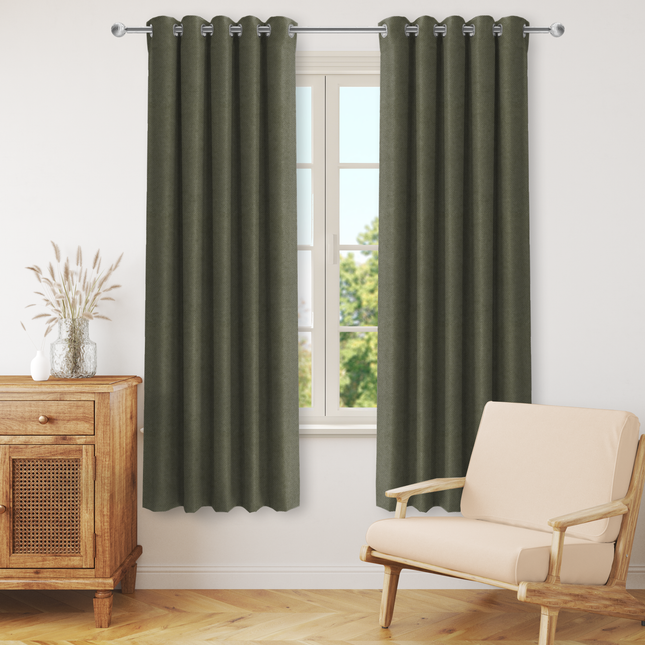 Olive Green Colour Textured Velvet Flock Easy Clean Readymade Curtain