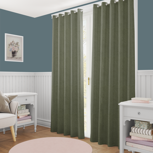 Olive Green Colour Textured Velvet Flock Easy Clean Readymade Curtain