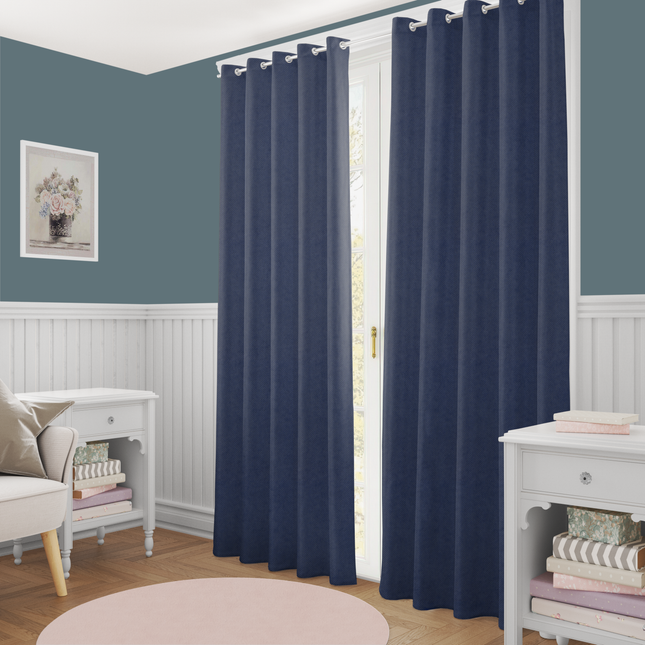 Prussian Blue Colour Textured Velvet Flock Readymade Curtain