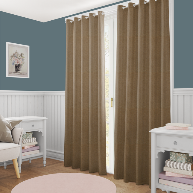 Medium Brown Colour Textured Velvet Flock Easy Clean Readymade Curtain