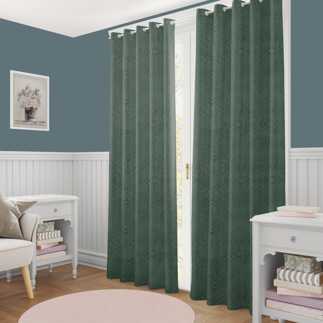 Olive Green Colour Geometric Pattern Suede Readymade Curtain