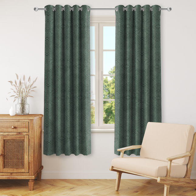 Olive Green Colour Geometric Pattern Suede Readymade Curtain