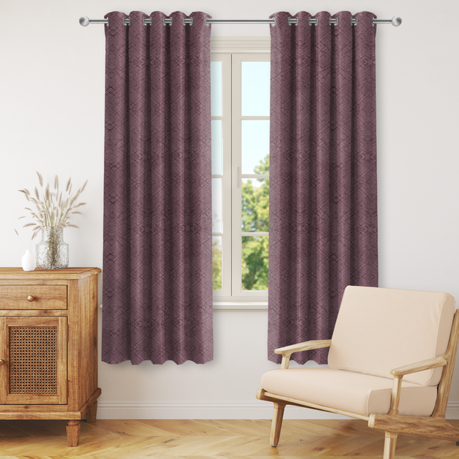 Earthy Mauve Colour Geometric Pattern Suede Readymade Curtain
