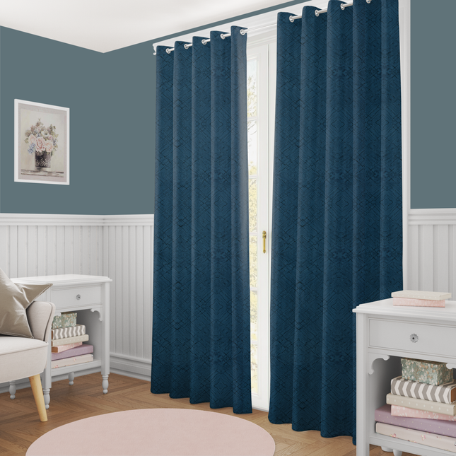 Teal Blue Colour Geometric Pattern Suede Readymade Curtain
