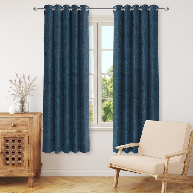 Teal Blue Colour Geometric Pattern Suede Readymade Curtain