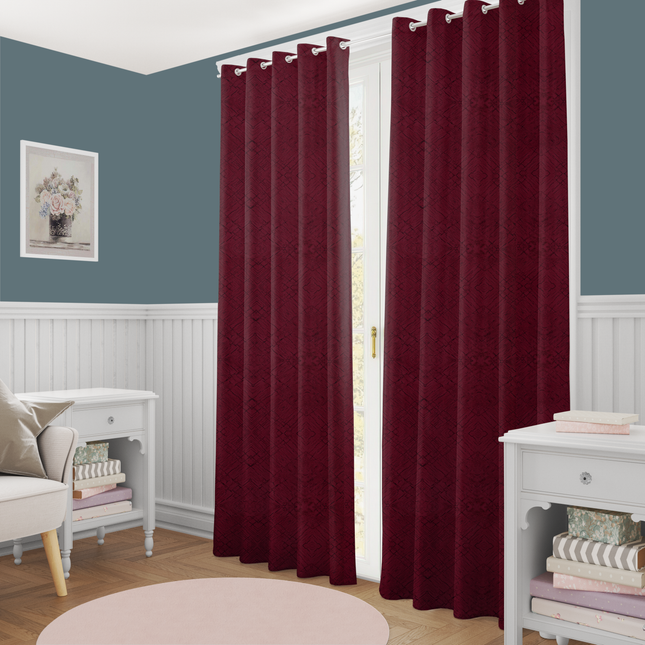 Wine Red Colour Geometric Pattern Suede Readymade Curtain