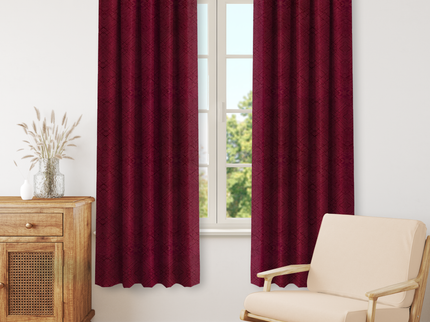 Wine Red Colour Geometric Pattern Suede Readymade Curtain