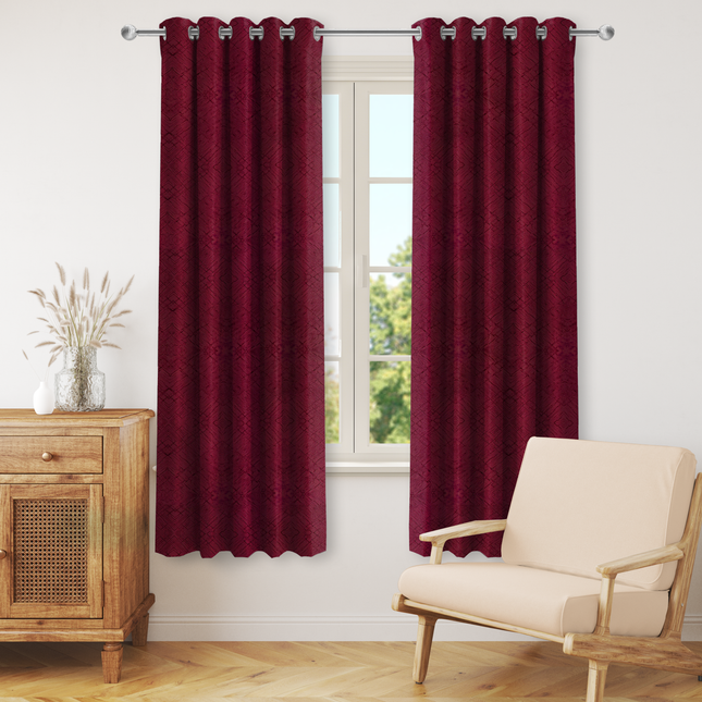 Wine Red Colour Geometric Pattern Suede Readymade Curtain