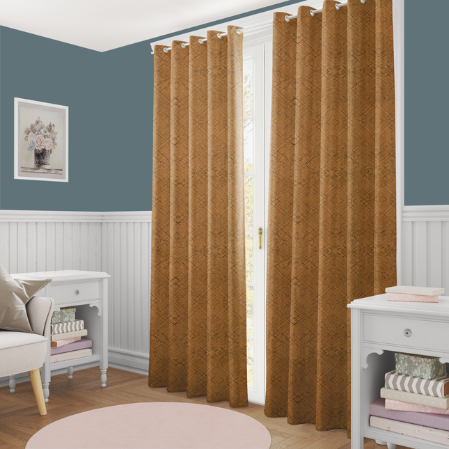 Orche Yellow Colour Geometric Pattern Suede Readymade Curtain