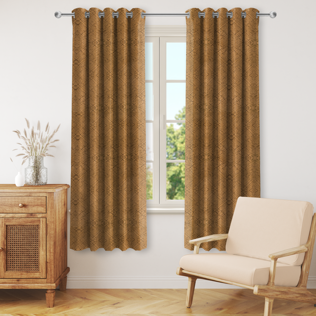 Orche Yellow Colour Geometric Pattern Suede Readymade Curtain