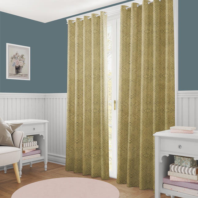 Yellow Colour Geometric Pattern Suede Readymade Curtain