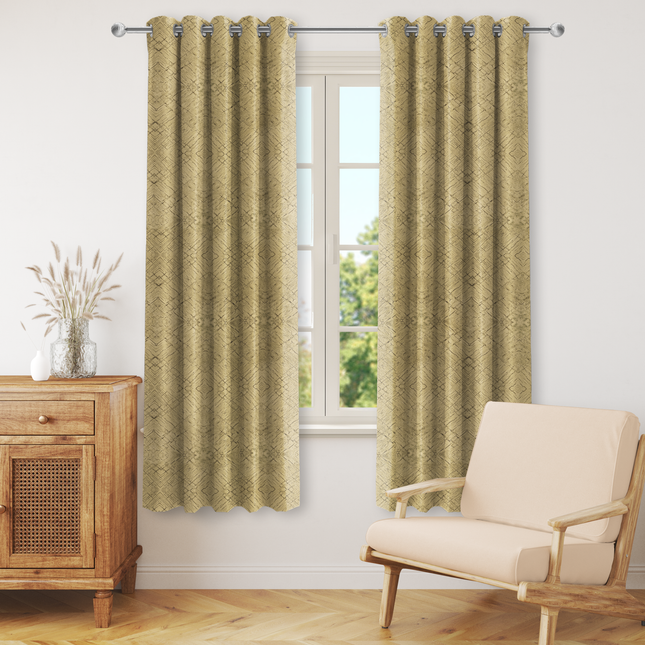 Yellow Colour Geometric Pattern Suede Readymade Curtain