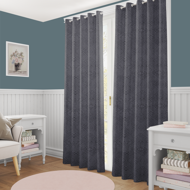 Medium Grey Colour Geometric Pattern Suede Readymade Curtain