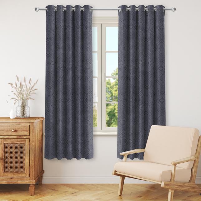 Medium Grey Colour Geometric Pattern Suede Readymade Curtain