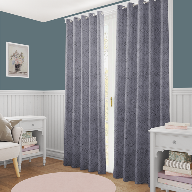 Stone Grey Colour Geometric Pattern Suede Readymade Curtain