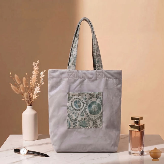 Unisex Grey Velvet Flock Fabric Tote Bag with Front Pocket