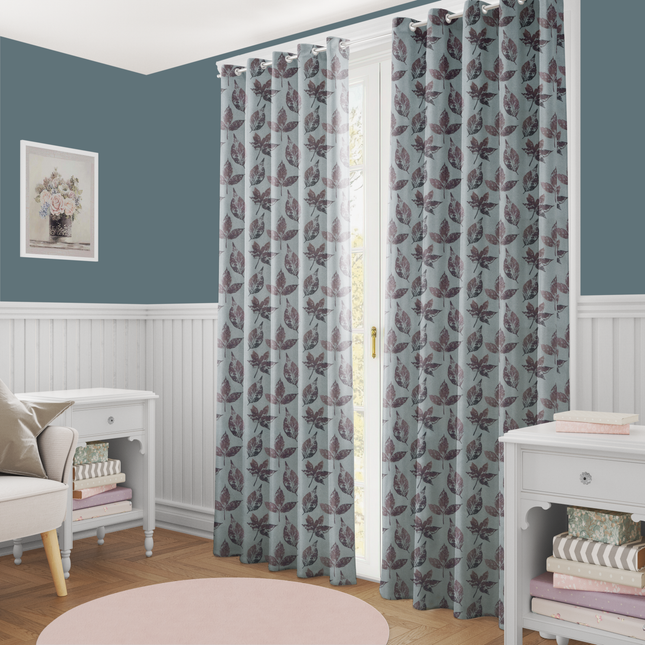 Dusty mauve and Brown Colour Leaves Pattern Velvet Readymade Curtain