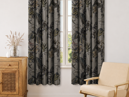 Olive Green and Mocha Brown Colour Floral and Leaves Pattern Velvet Readymade Curtain