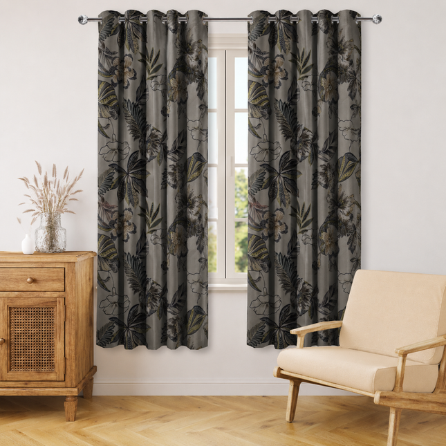 Olive Green and Mocha Brown Colour Floral and Leaves Pattern Velvet Readymade Curtain