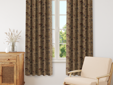 Dusty Rose and Brown Colour Floral and Leaves Pattern Velvet Readymade Curtain