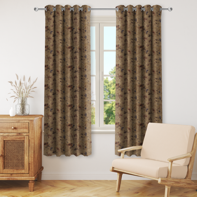 Dusty Rose and Brown Colour Floral and Leaves Pattern Velvet Readymade Curtain