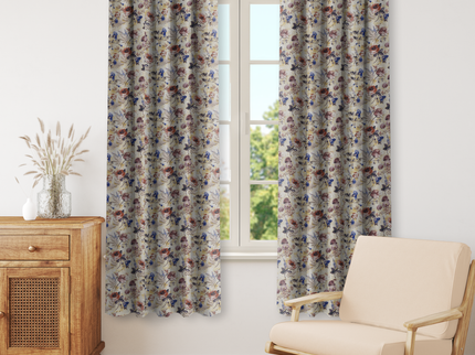Dusty Rose and Blue Colour Floral and Leaves Pattern Velvet Readymade Curtain