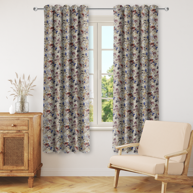 Dusty Rose and Blue Colour Floral and Leaves Pattern Velvet Readymade Curtain