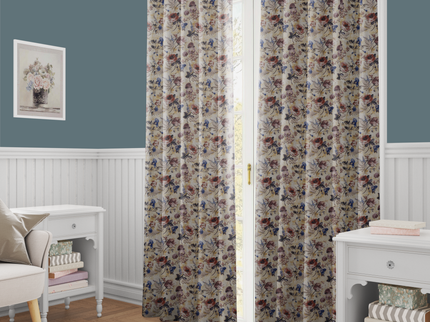 Dusty Rose and Blue Colour Floral and Leaves Pattern Velvet Readymade Curtain