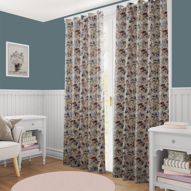 Dusty Rose and Blue Colour Floral and Leaves Pattern Velvet Readymade Curtain