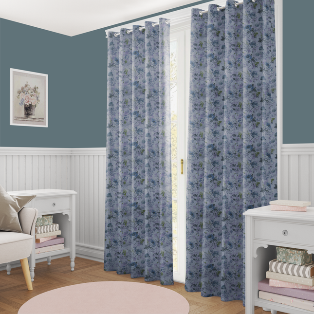 Violet and Indigo Colour Floral and Leaves Pattern Velvet Readymade Curtain