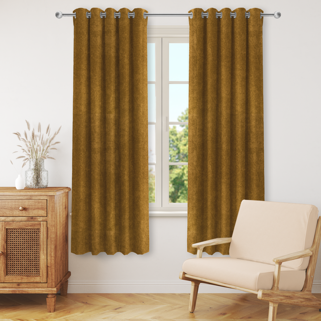 Dark Yellow Colour Textured Velvet Flock Readymade Curtain