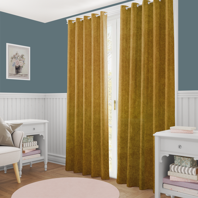 Dark Yellow Colour Textured Velvet Flock Readymade Curtain