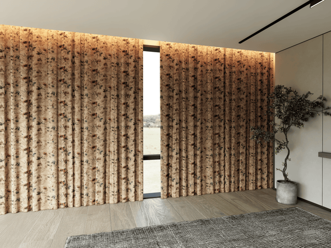 Dusty Rose and Brown Colour Floral and Leaves Pattern Velvet Curtain Fabric printed