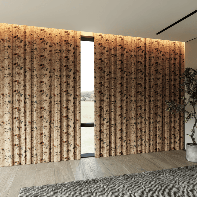 Dusty Rose and Brown Colour Floral and Leaves Pattern Velvet Curtain Fabric printed