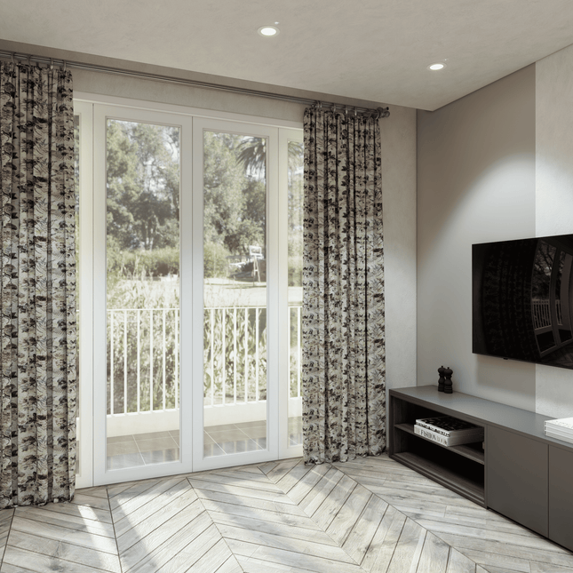 Brown and Soft Olive Colour Floral and Leaves Pattern Velvet Curtain Fabric printed