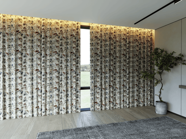 Brown and Soft Olive Colour Floral and Leaves Pattern Velvet Curtain Fabric printed