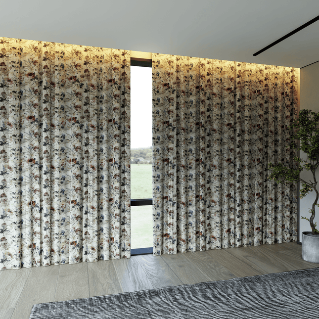 Brown and Soft Olive Colour Floral and Leaves Pattern Velvet Curtain Fabric printed