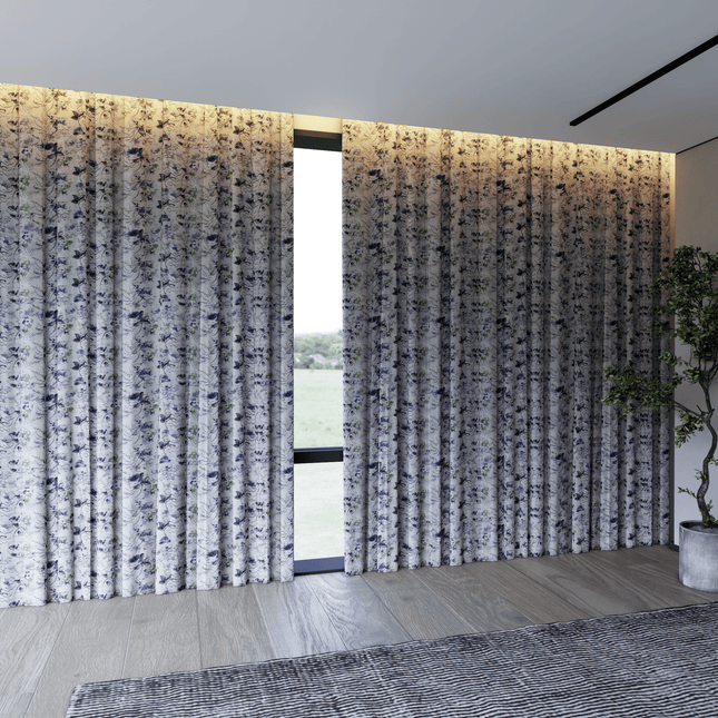 Violet and Indigo Colour Floral and Leaves Pattern Velvet Curtain Fabric printed