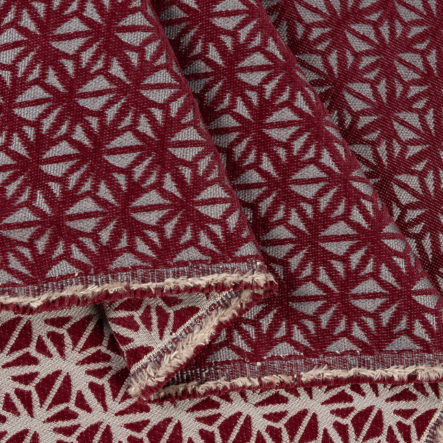 Wine colour geometric floral pattern velvet flock Easy Clean sofa, chair and curtain fabrics (Dual side)