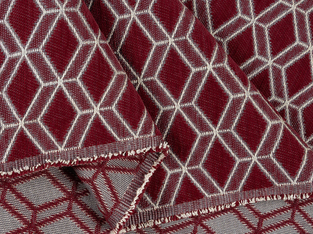 Wine colour geometric pattern velvet flock Easy Clean sofa, chair and curtain fabrics (Dual side)