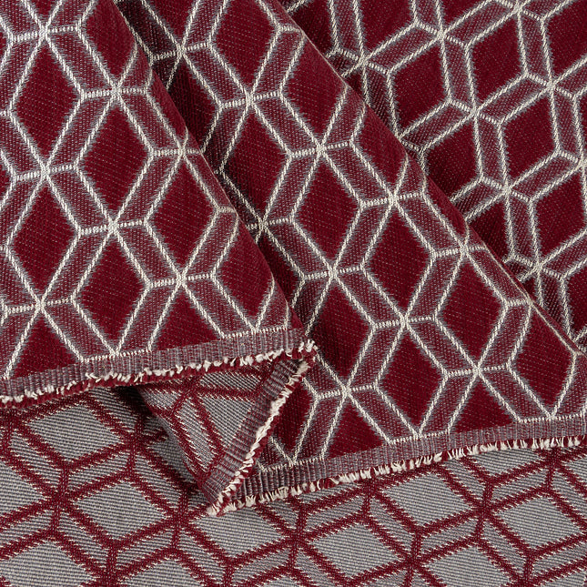 Wine colour geometric pattern velvet flock Easy Clean sofa, chair and curtain fabrics (Dual side)