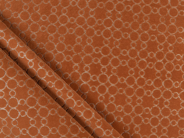 Rust brown colour circular pattern velvet flock Easy Clean sofa, chair and curtain fabrics