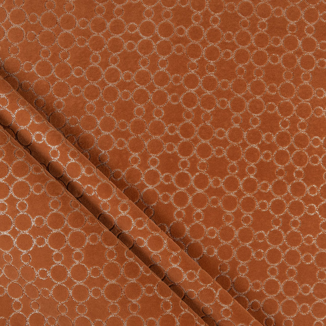 Rust brown colour circular pattern velvet flock Easy Clean sofa, chair and curtain fabrics