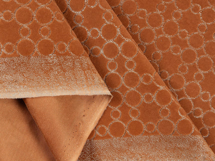 Rust brown colour circular pattern velvet flock Easy Clean sofa, chair and curtain fabrics
