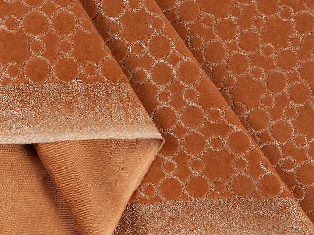 Rust brown colour circular pattern velvet flock Easy Clean sofa, chair and curtain fabrics