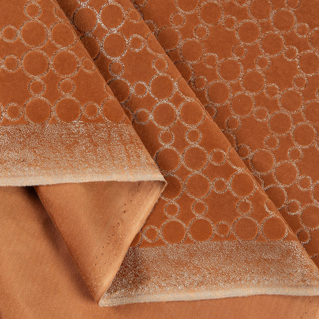 Rust brown colour circular pattern velvet flock Easy Clean sofa, chair and curtain fabrics